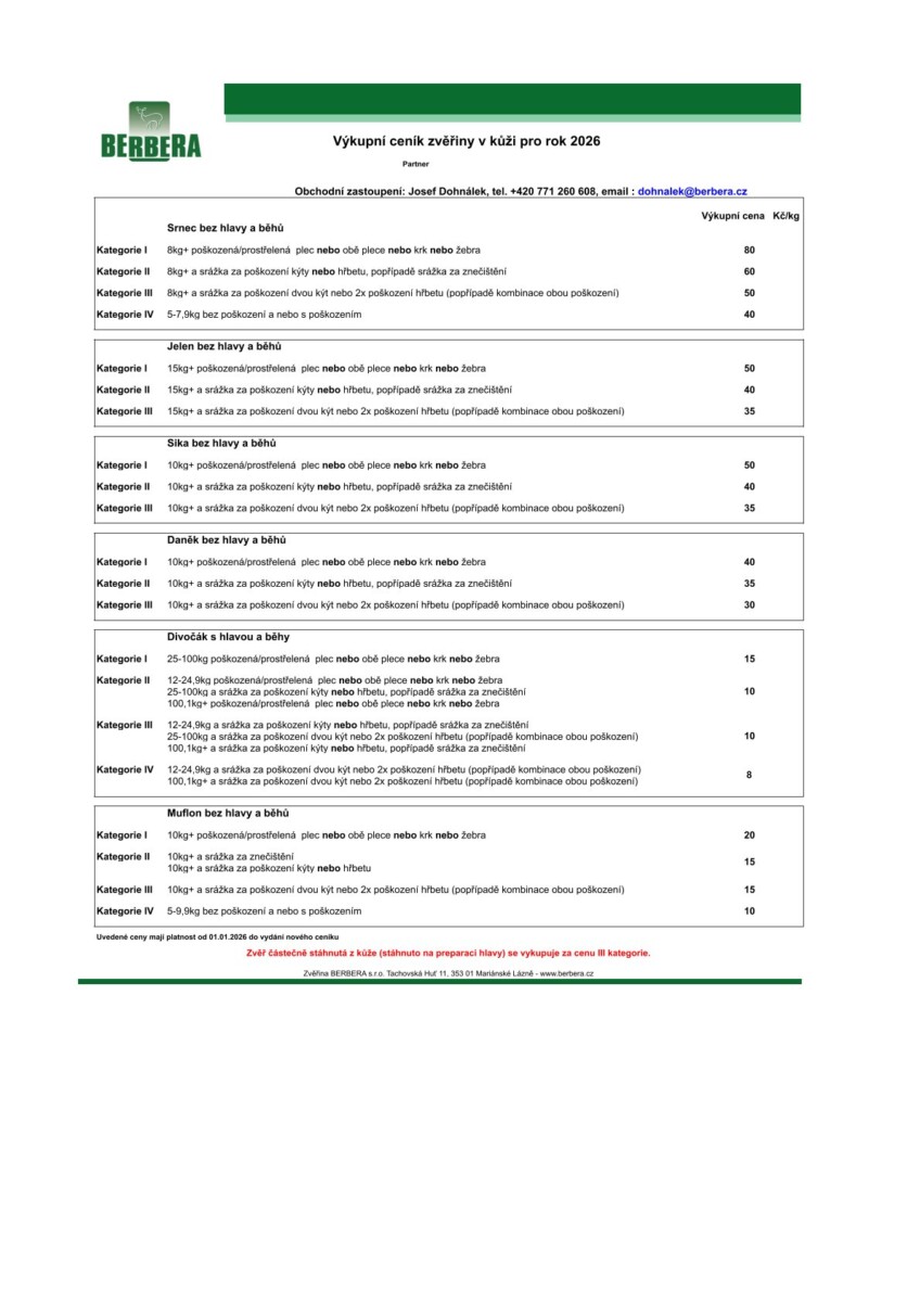 Výkupní ceník zvěřiny pro rok 2026