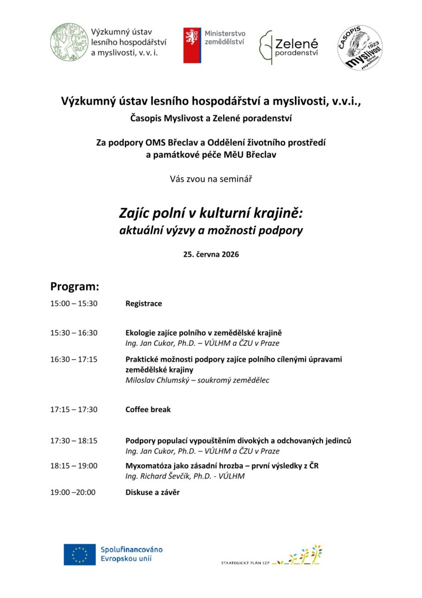 Pozvánka na odborný seminář  “Zajíc polní v kulturní krajině”  25. 6. 2026 v Břeclavi