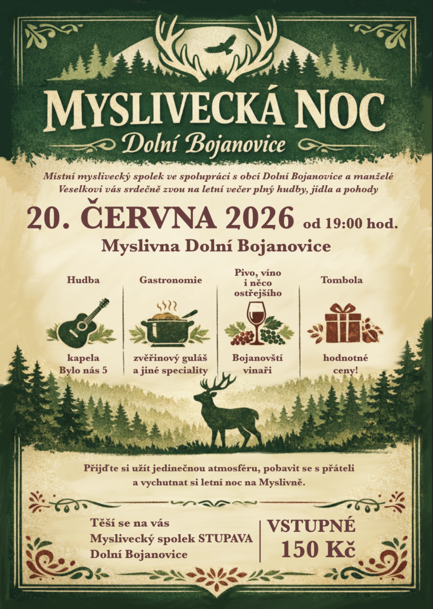 Pozvánka na Mysliveckou noc Dolní Bojanovice 20. června 2026
